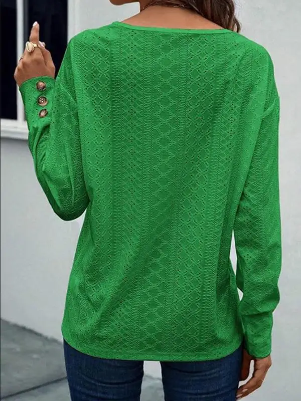 Long Sleeve Relaxed Button Detail V-Neck T-Shirt