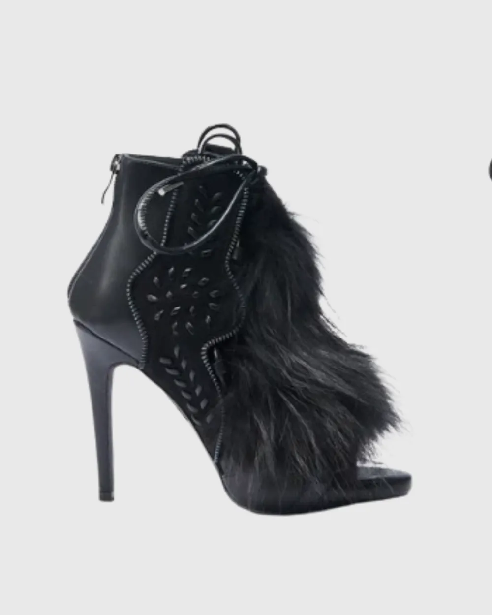 Faux Fur Lace Up Sandals in All Black
