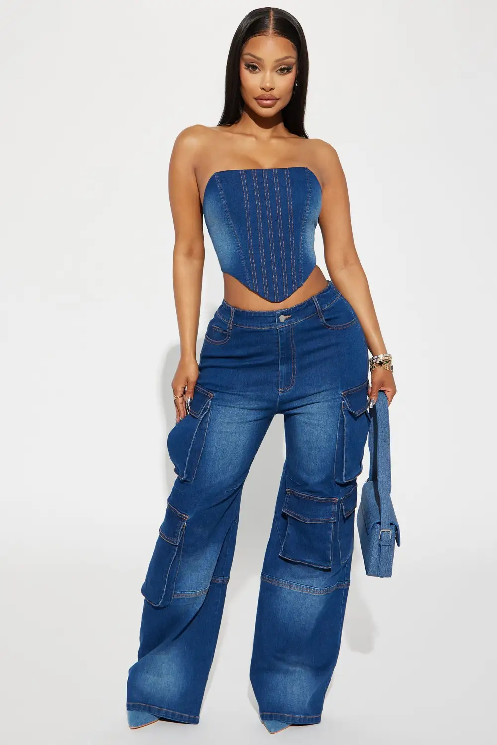 Estefania Denim Cargo Pant Set - Dark Wash