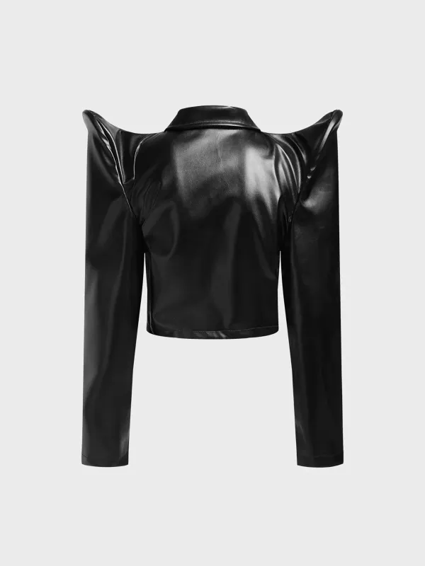 Pu Shawl Collar Plain Long Sleeve Jacket