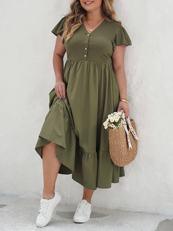 Plus Size Women Dress V Neck Lotus Sleeve Casual Loose Swing Long Dress