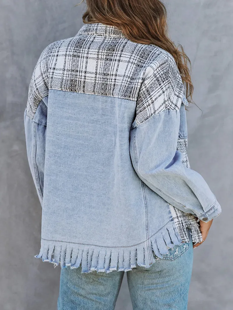 Casual plaid fringed denim jacket