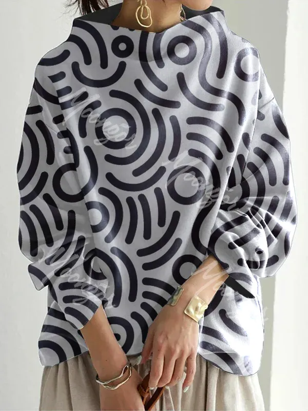 Geometric Printing aLong Sleeves Loose Solid Color High-neck Sweatershirt