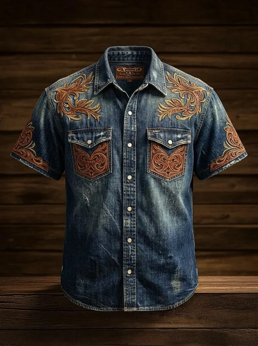 Men's Western Cowboy Floral Leather-Look Printed Shirt