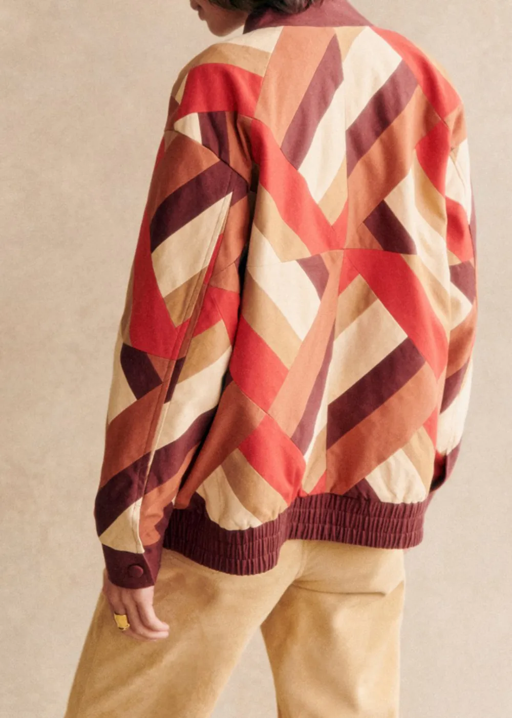 Patchwork Red Brown Long Sleeve BomberJacket