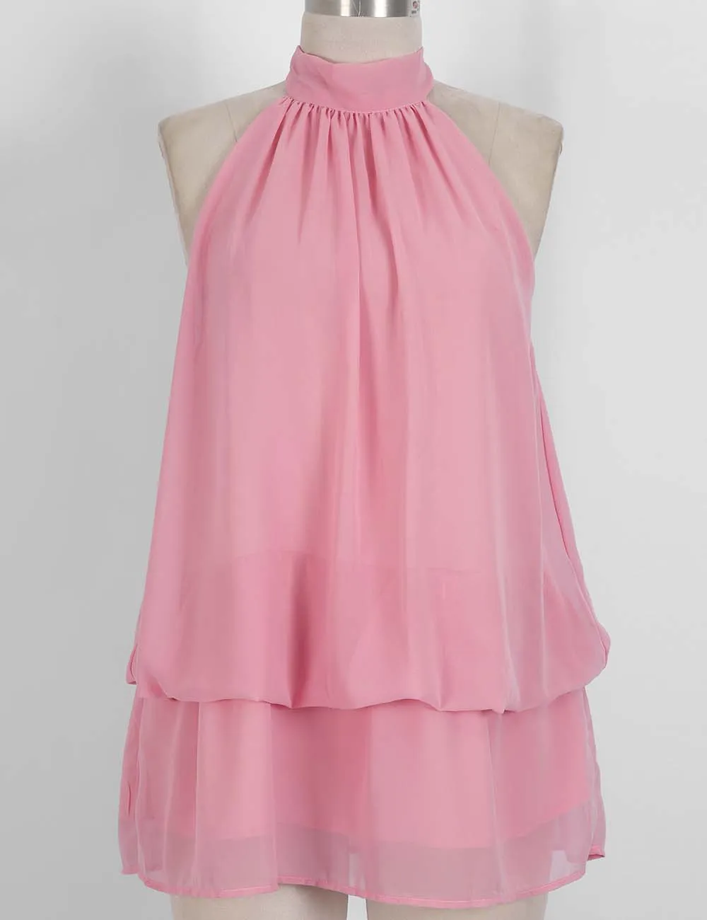 Chiffon Stand Neck Solid Color Ruffle Hem Sleeveless Top