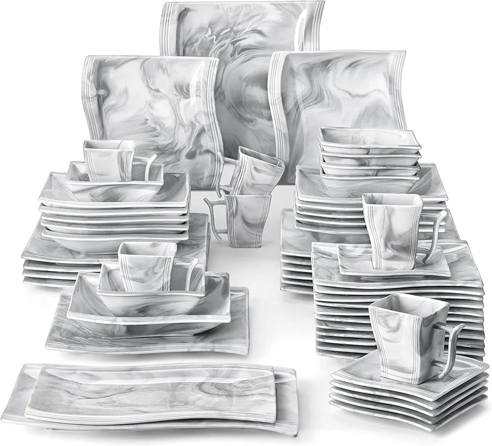 MALACASA Ivory White Dinnerware Sets, 60-Piece Square Dish Set for 12, Porcelain Dishes with Dinner Plates, Dessert Plates and Soup Plates, Cups and Saucers, Modern Dinnerware Oven Safe, Series Flora