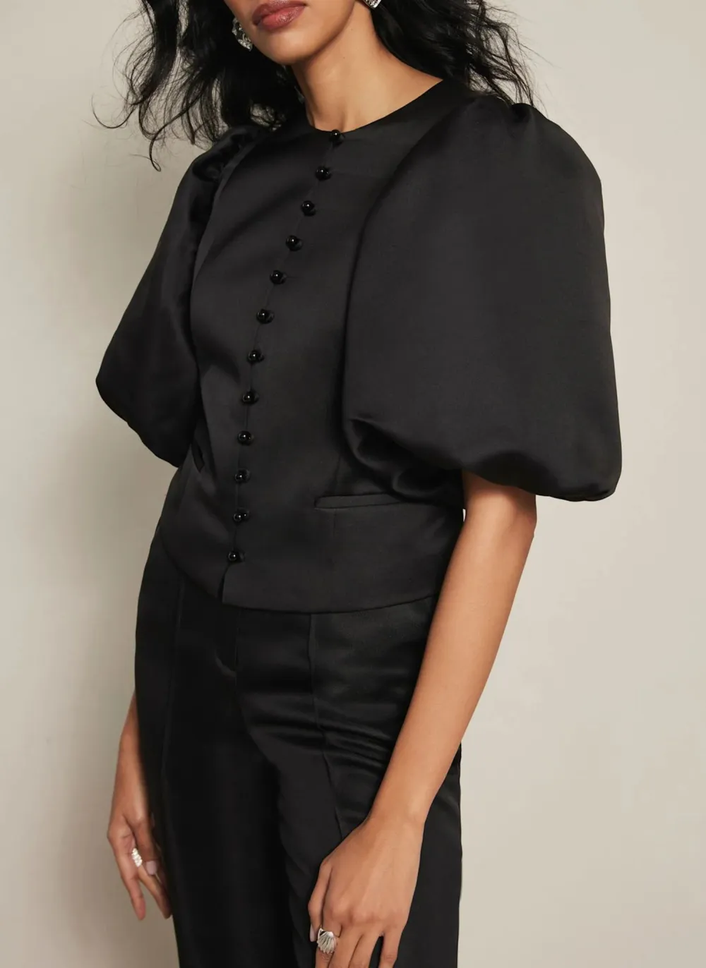 Casual Style Black Puff Sleeve Satin Jacket
