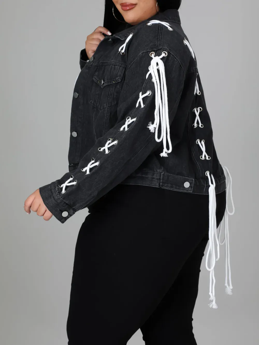 Plus-Size Fashion Women'S Lace-Up Denim Jacket