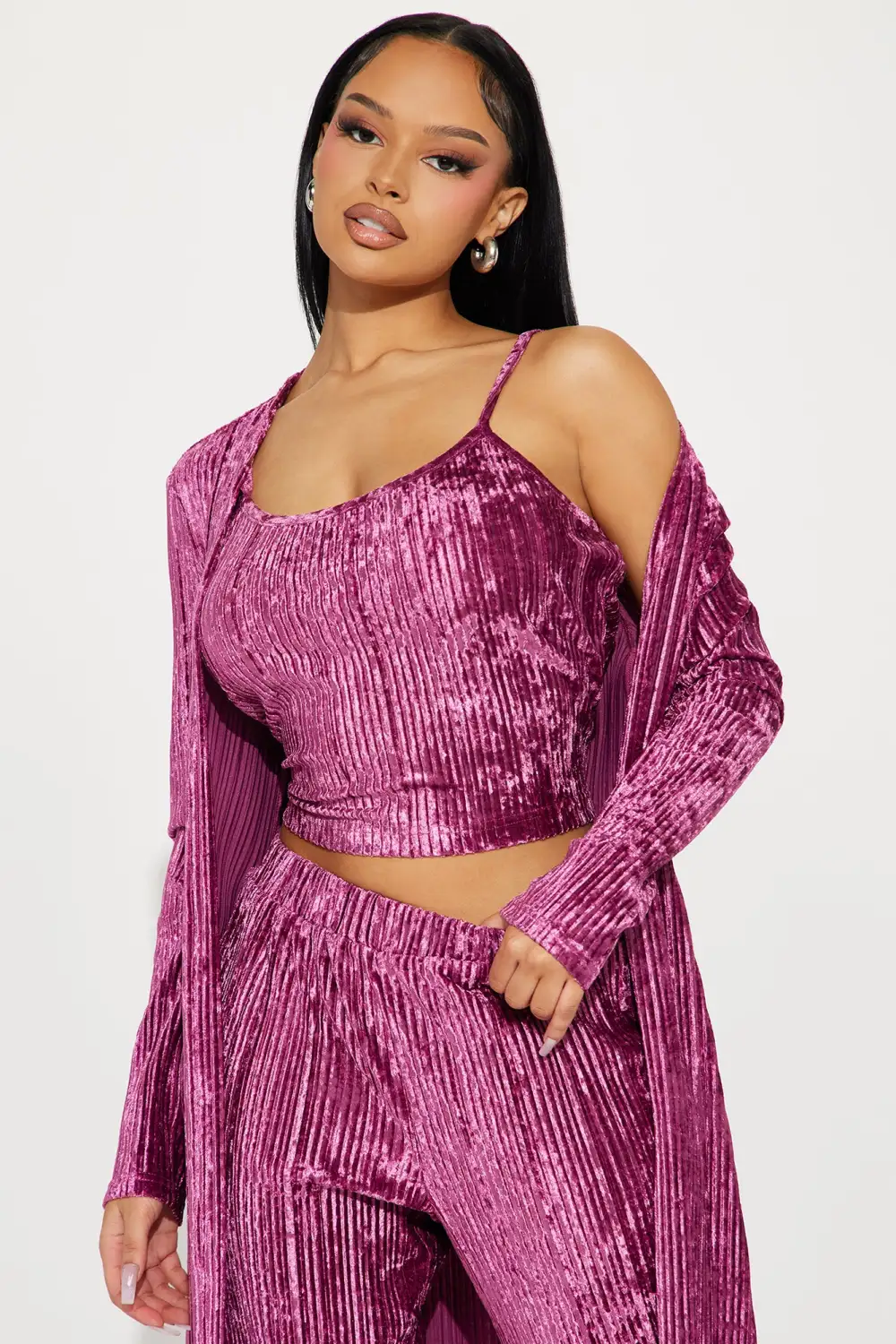 Carrie 3 Piece Velvet Plisse Pant Set - Plum
