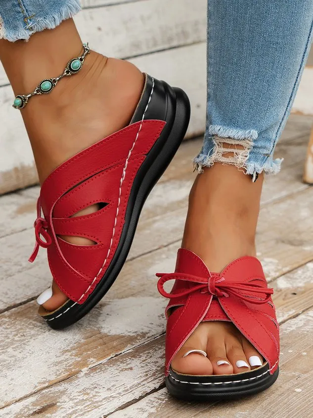 Casual Bowknot Hollow out Comfy Wedge Heel Slide Sandals