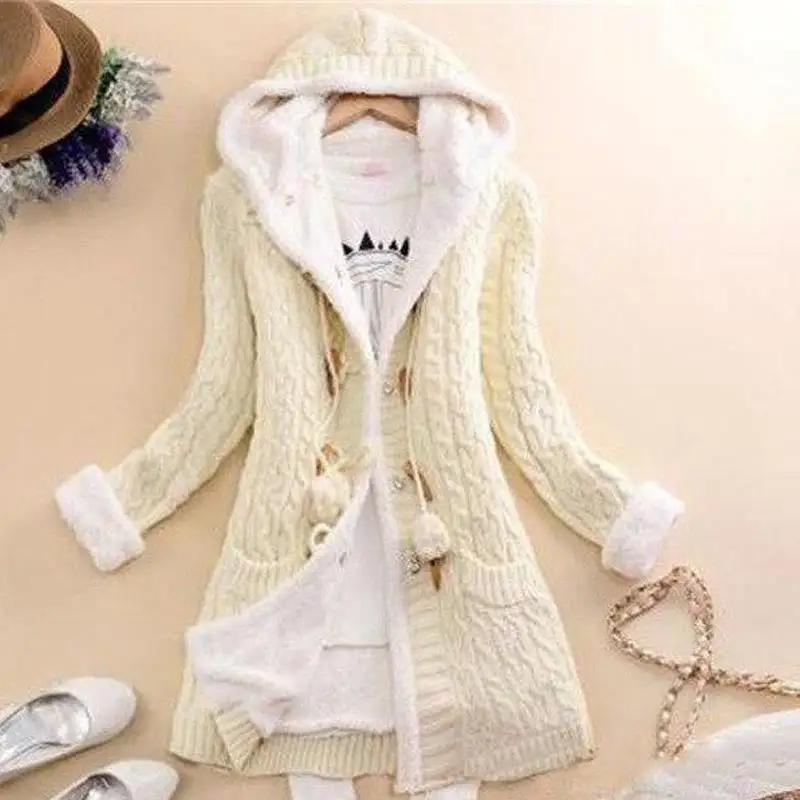 Women's Plush Hooded Knit Cardigan Coat with Buttons and Pockets in 6 Colors S-5XL