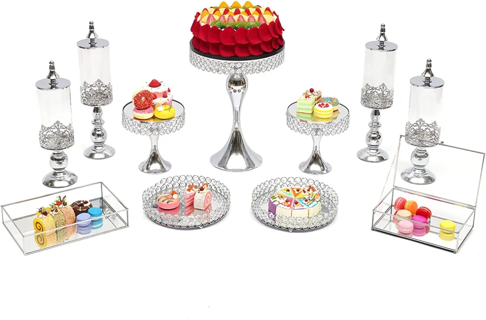 TFCFL 11 PCS Silver Cake Stand Set Crystal Cupcake Dessert Plate Display Tower Mirror Cake Holder Cupcake Stands for Wedding Afternoon Tea Birthday Party