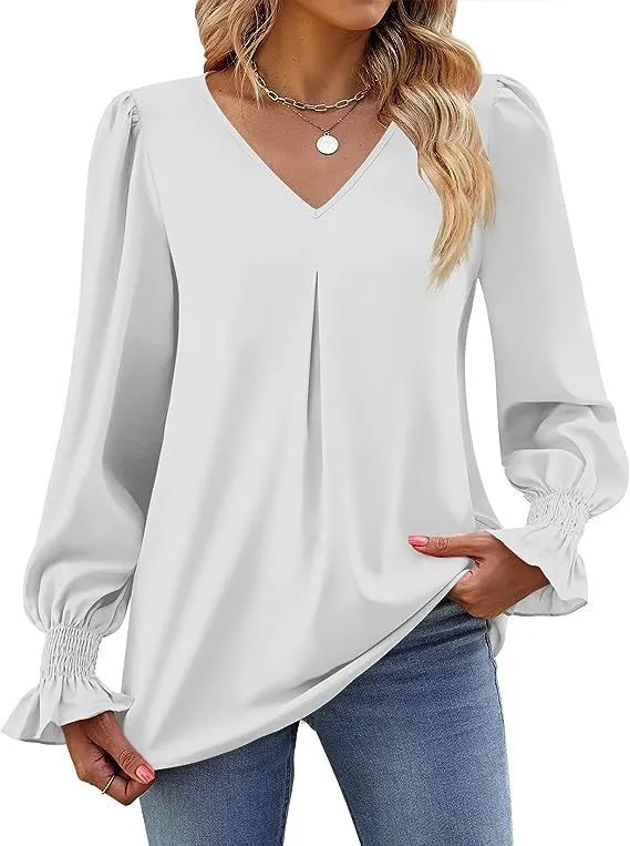Pleated Chiffon V-Neck Blouse