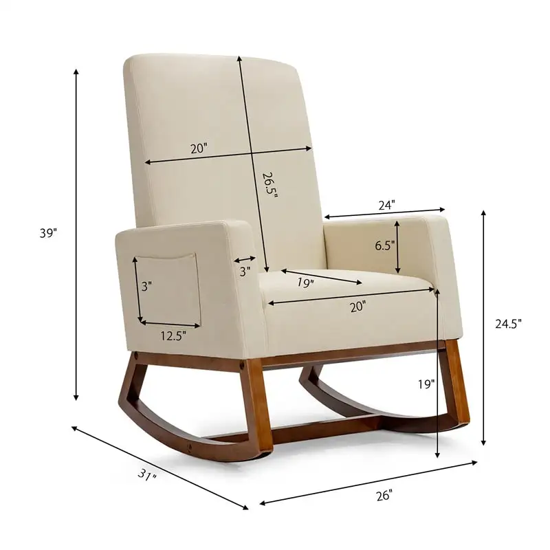 Upholstered Rocking Chair High Back Glider Rocker Chair Mid-Century Nursery Chair Modern Fabric Armchair with Wood Base