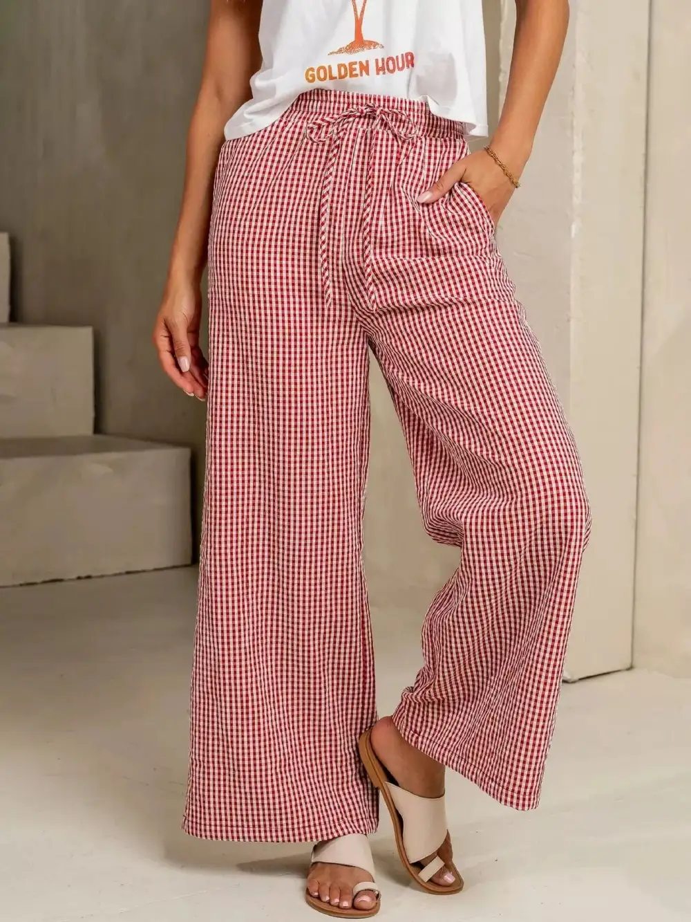 Gingham Print Wide Leg Pants