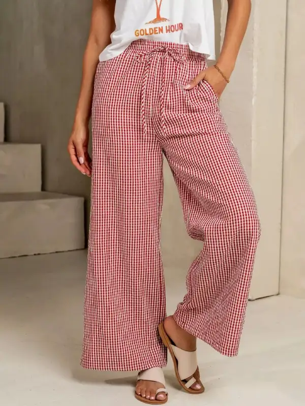 Gingham Print Wide Leg Pants