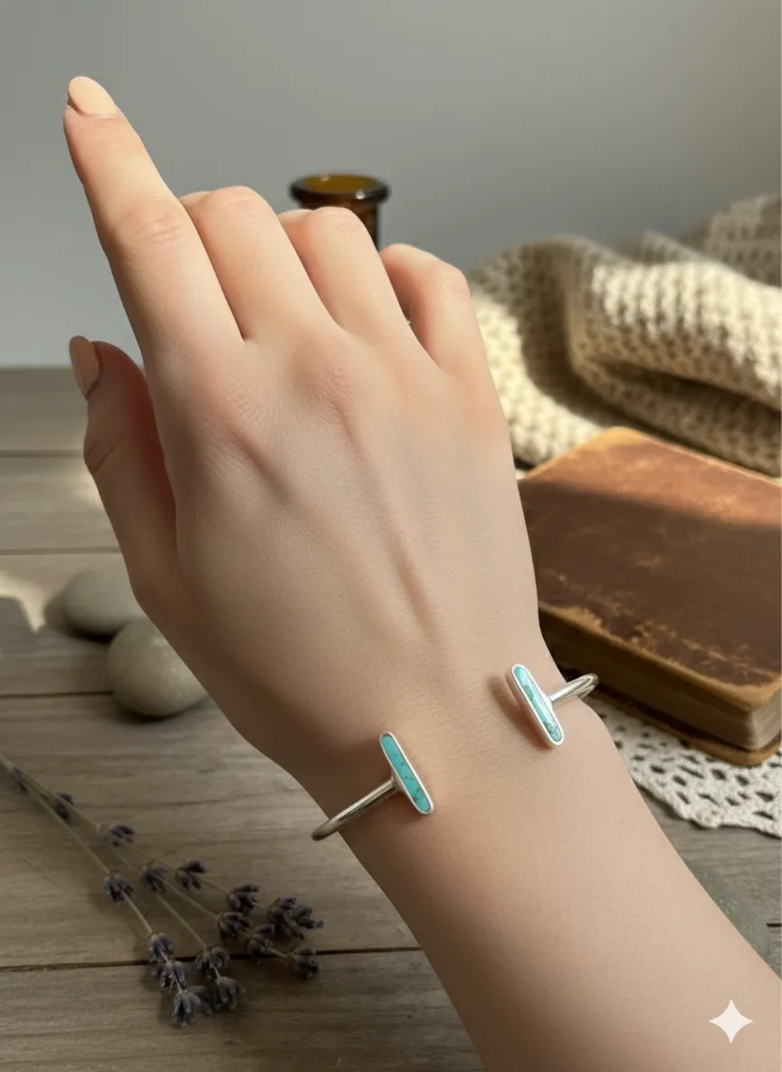 Turquoise Bar Horizon Open Cuff Bangles Adjustable 2