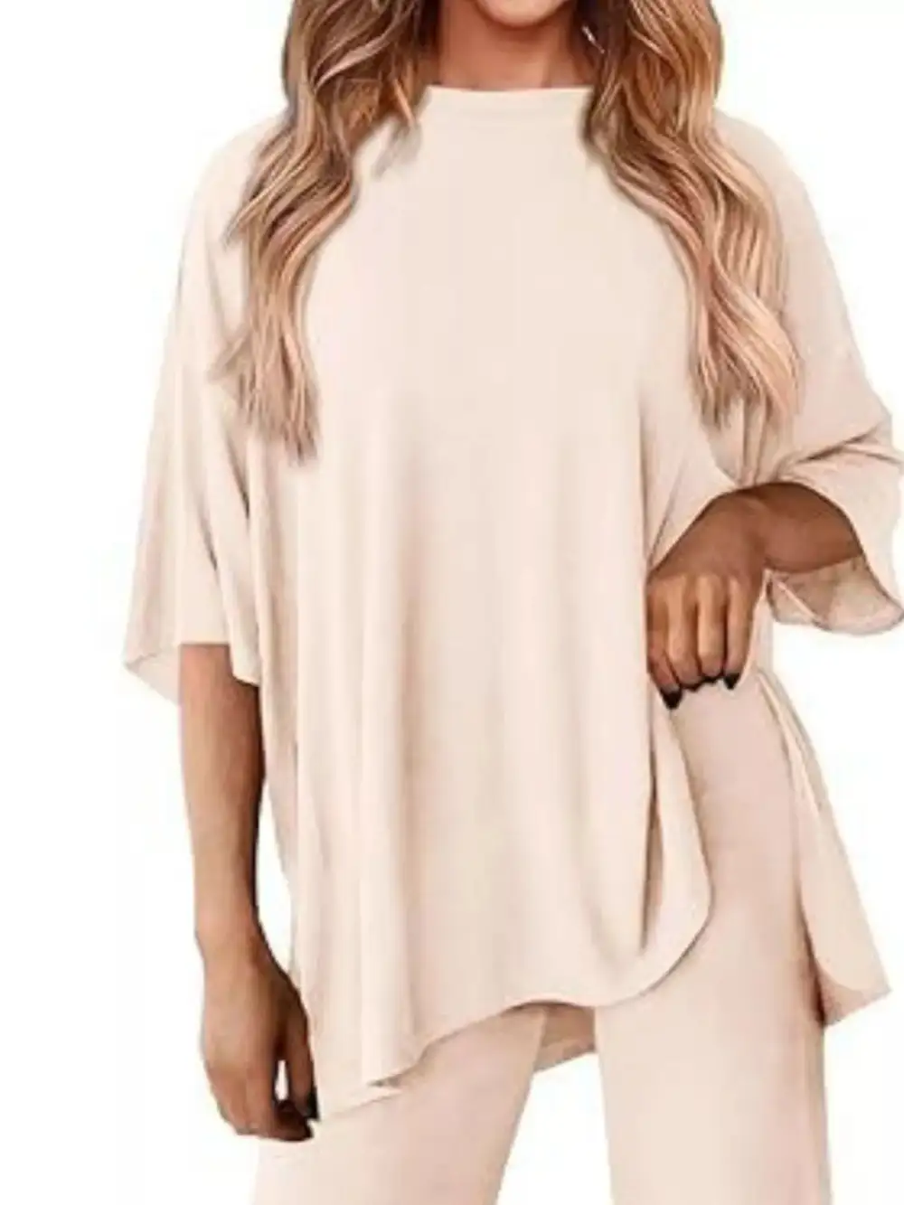 Relaxed Fit Round Neck Top and Pants Two Piece Set