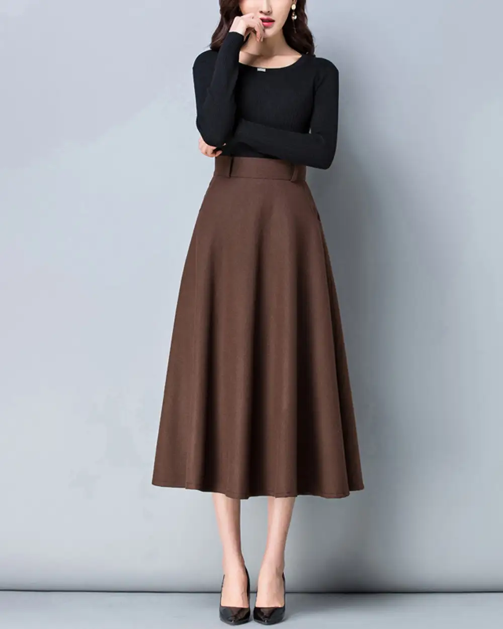 Relaxed Belted Wool Flared Maxi Skirt