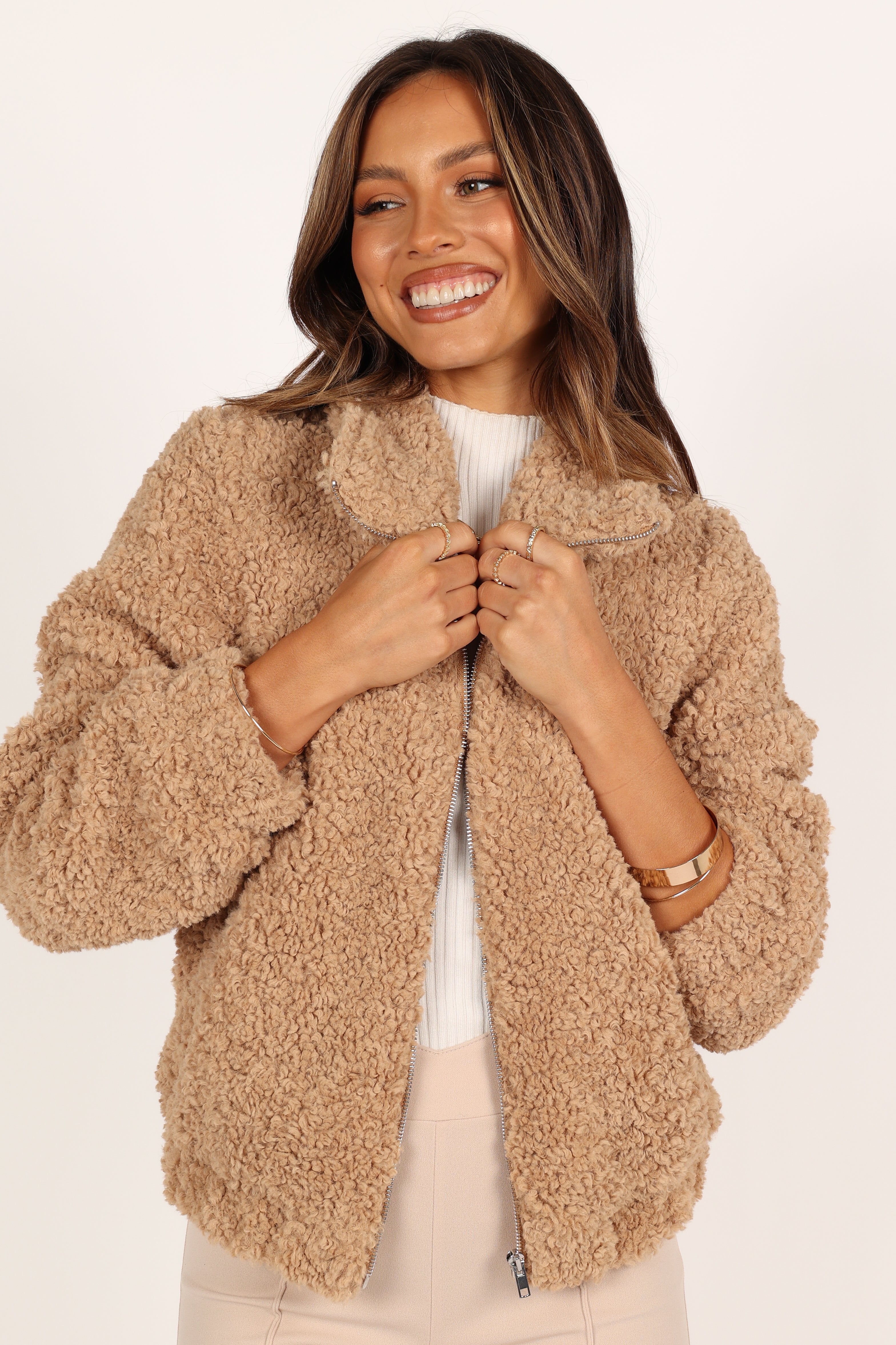 Lucia Zip Front Teddy Jacket - Camel