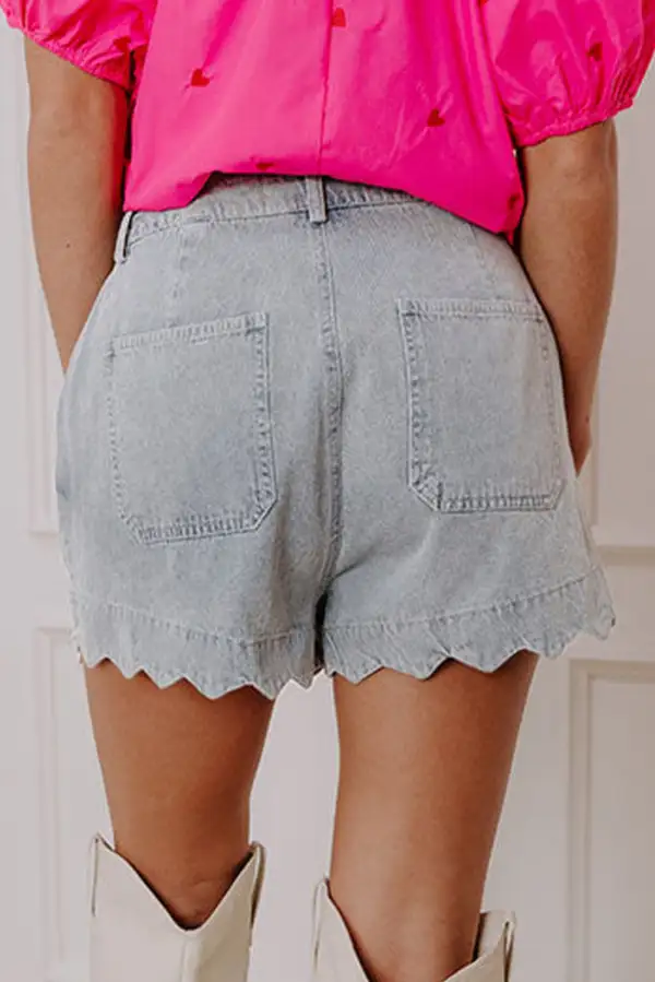 Relaxed Scalloped Hemline Acid Wash High Waist Denim Shorts