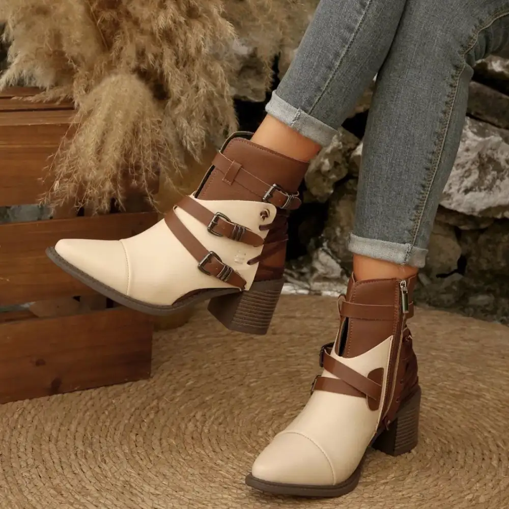 Pointed Toe Buckle Strap Ankle Boots with Block Heel