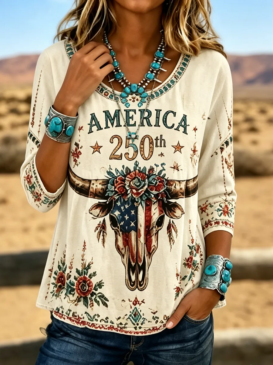 Women'S American 250Th Retro Western Art Printed Casual Top