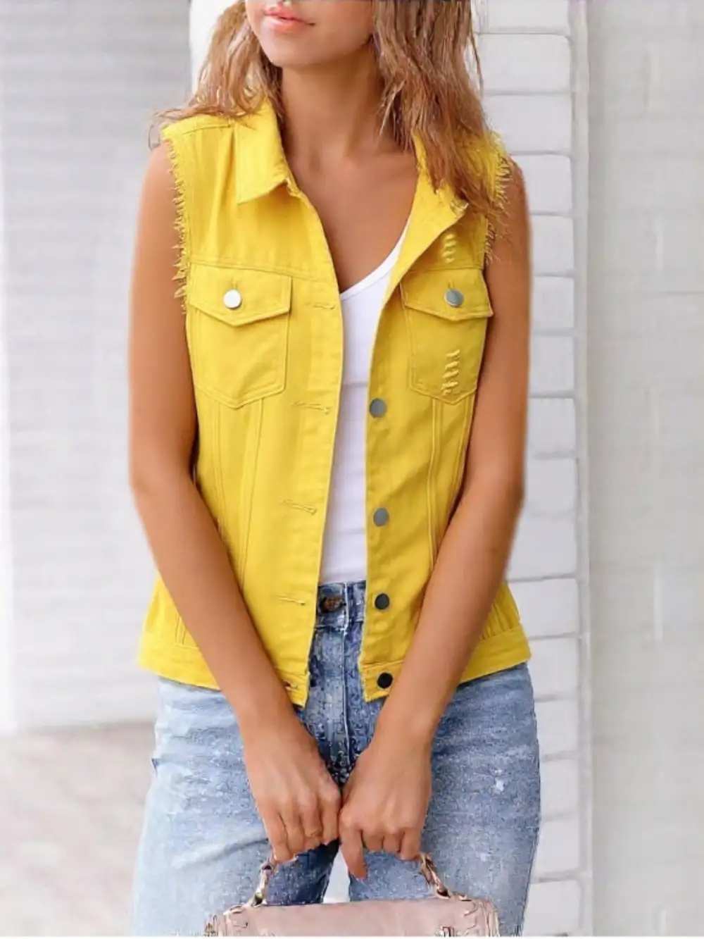 Button-down Raw-hem Sleeveless Denim Jacket
