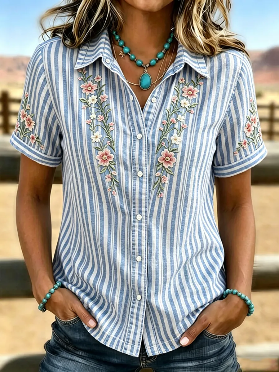 Women'S Retro Western-Style Print Short-Sleeved Shirt