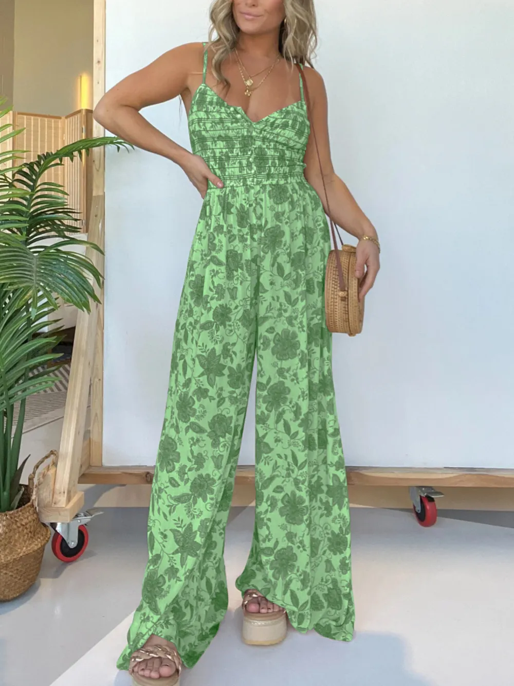 Floral suspender jumpsuit wide leg pants