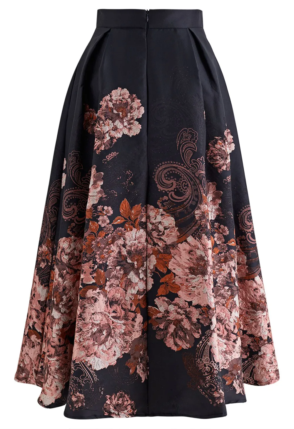 BEWITCHING PEONY JACQUARD FLARE SKIRT IN BLACK