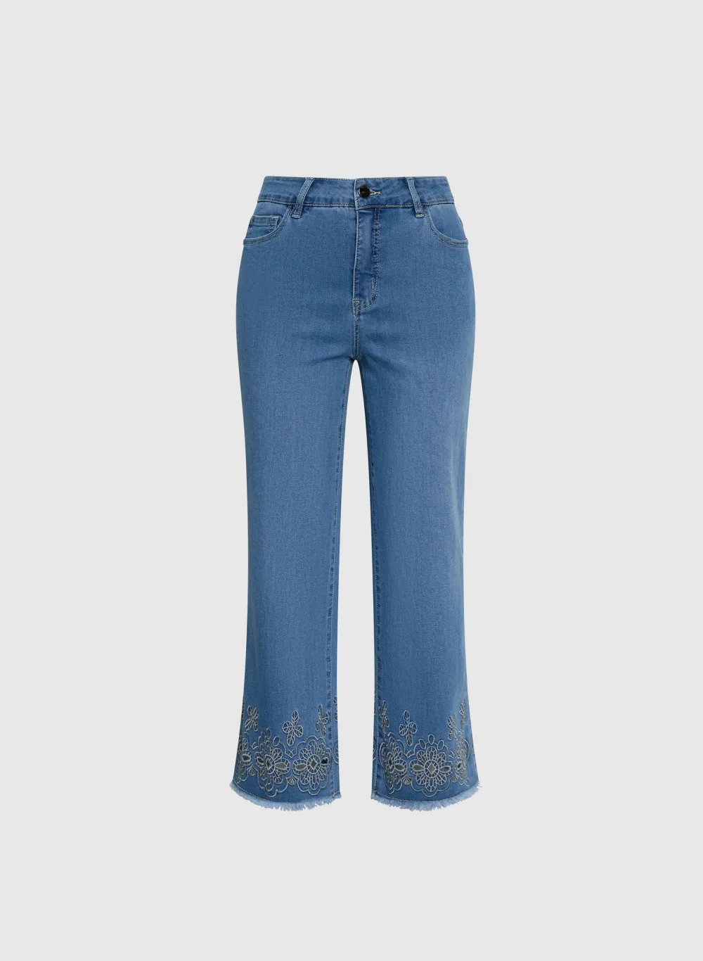 Embroidered Floral Denim Wide-Leg Pants