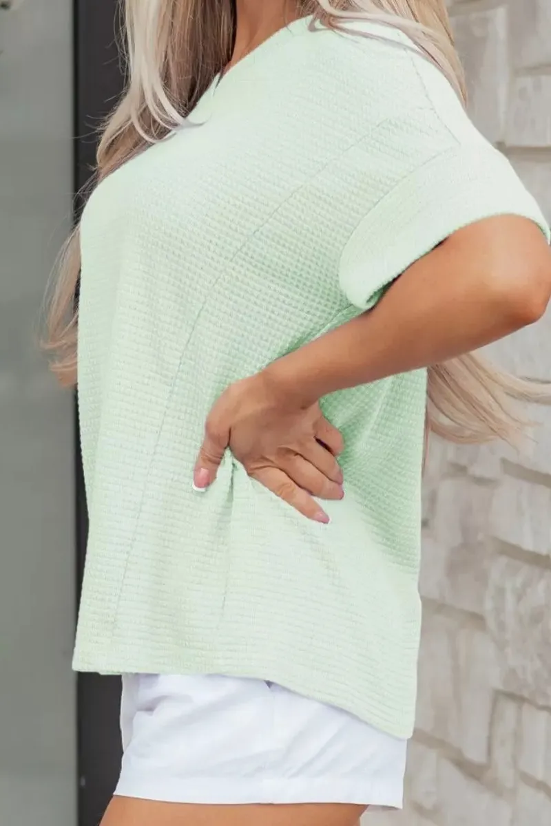 V Neck Short Sleeve Plus Waffle Knit