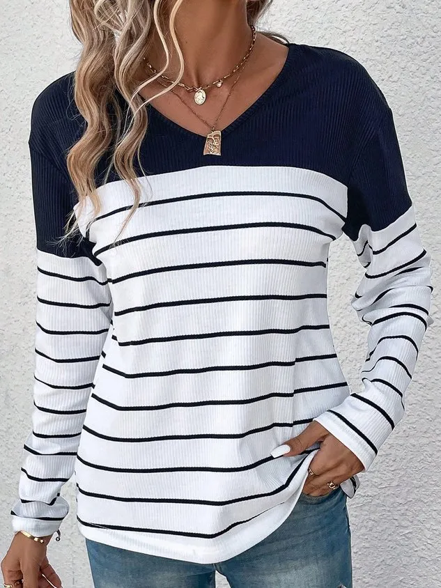 Casual Striped V Neck Long Sleeve T-shirt