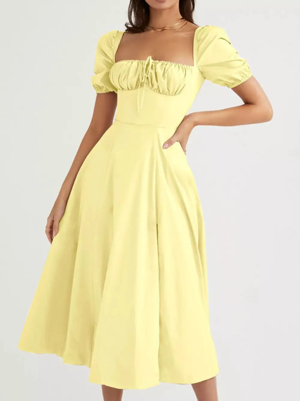 Slit Puff Sleeve Midi Dress