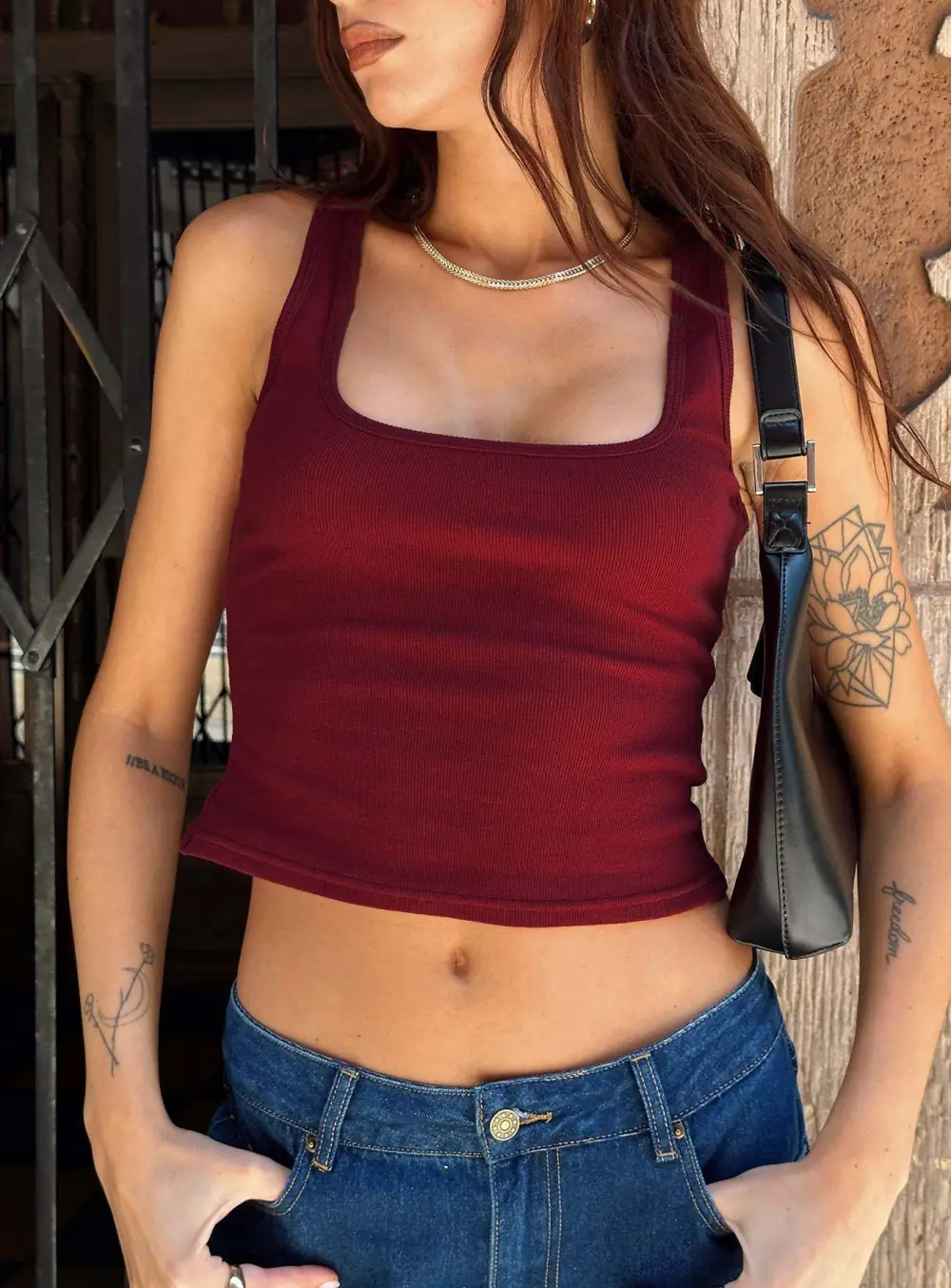 Square Neck Ribbed Cropped Tank Top