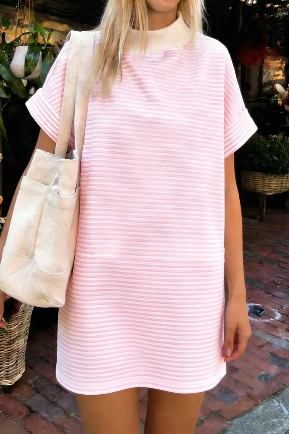 Stripe Cuffed Short Sleeve Contrast Mock Neck Tee Dress