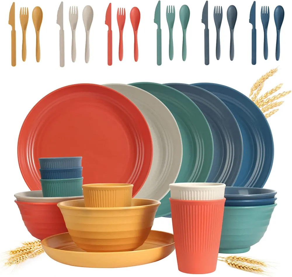 Wheat Straw Dinnerware Sets - SGAOFIEE 36 Piece Unbreakable Dinnerware Sets, Reusable Wheat Straw Plates and Bowls Sets, Travel Camping Cutlery Set, Dishwasher Microwave Safe Dinnerware