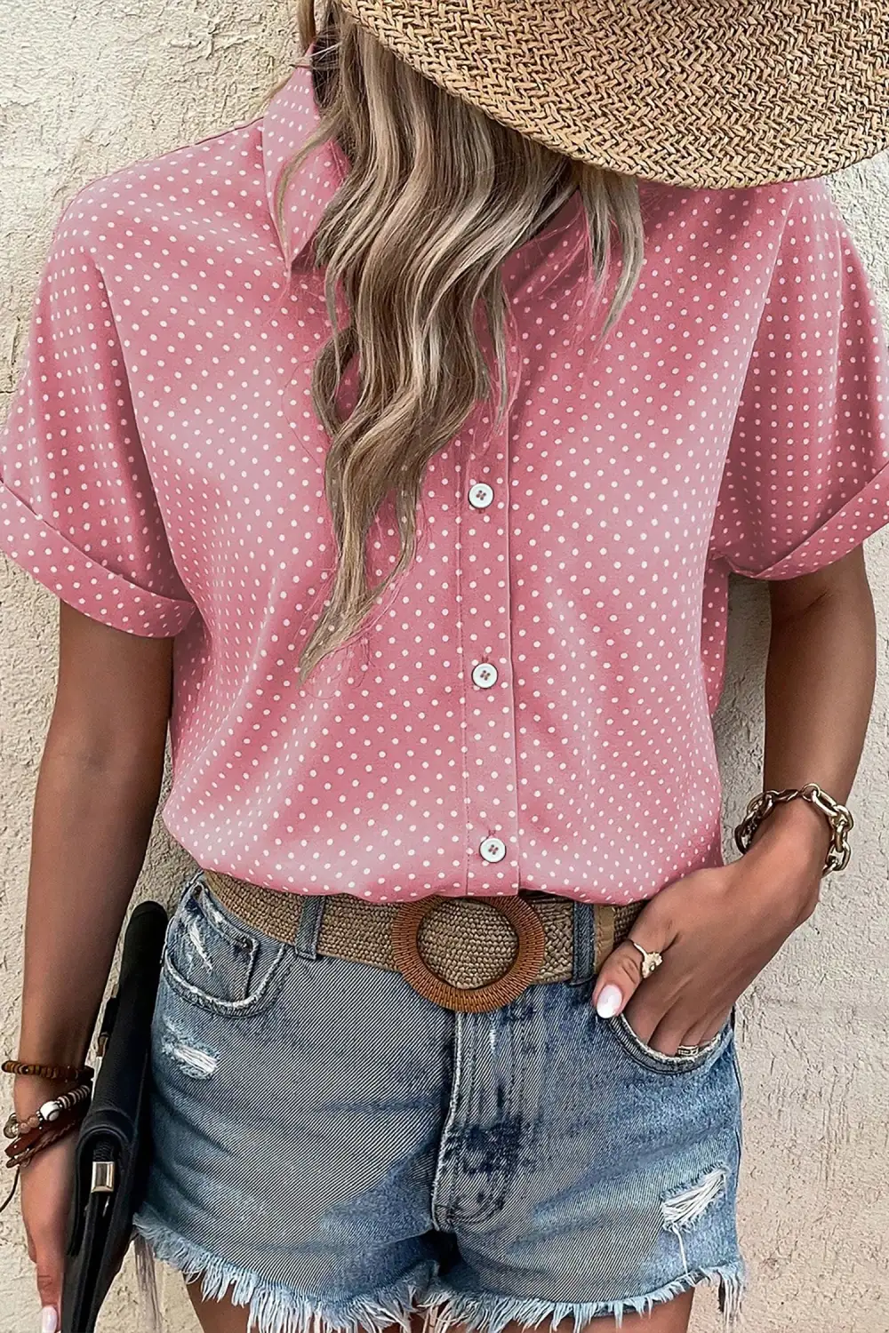 Pink Dotted Print Cuffed Short Sleeve Shirt