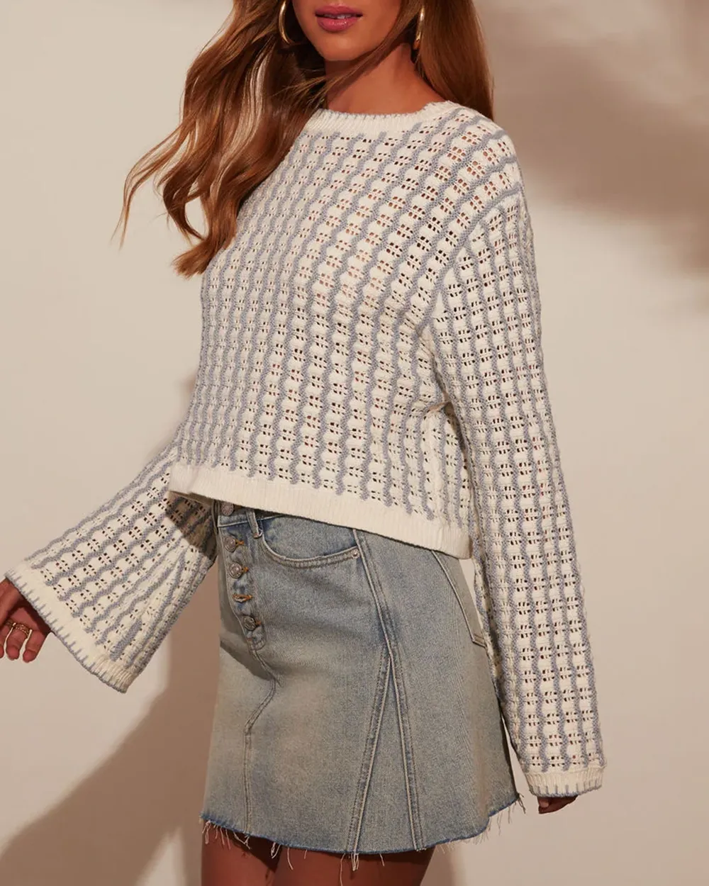 Wide Sleeve Gingham Pullover