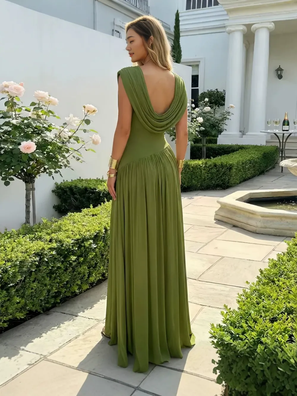 Women's Sleeveless Round Neck Evening Gown Maxi Dress Ruched Waist High Slit Draped Formal Party Dress