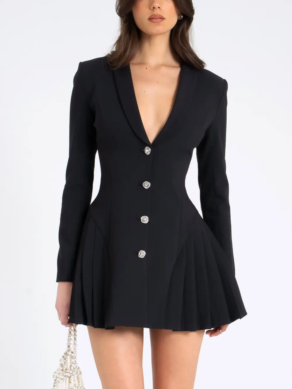 Deep Neck Pleated Elegant Mini Dress