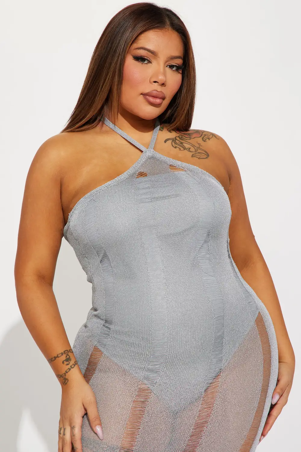 Tatiana Reflective Crochet Maxi Dress - Silver