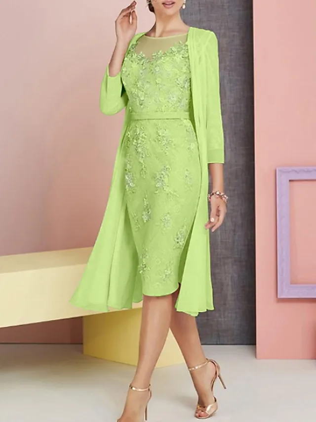 Two Piece Sheath Mother of the Bride Dress Pink Wedding Guest Church Elegant Vintage Plus Size Bateau Neck Knee Length Chiffon Lace 3/4 Length Sleeve Jacket Dresses with Appliques 2024