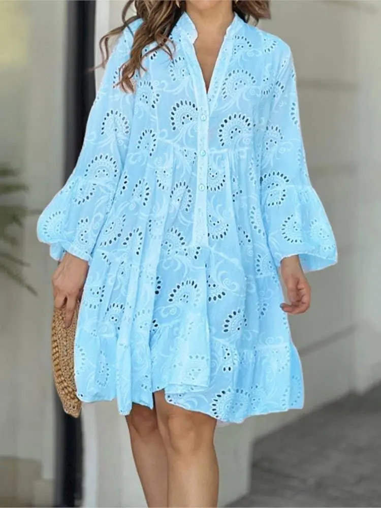 Eyelet Long Sleeve Short Daily Dress