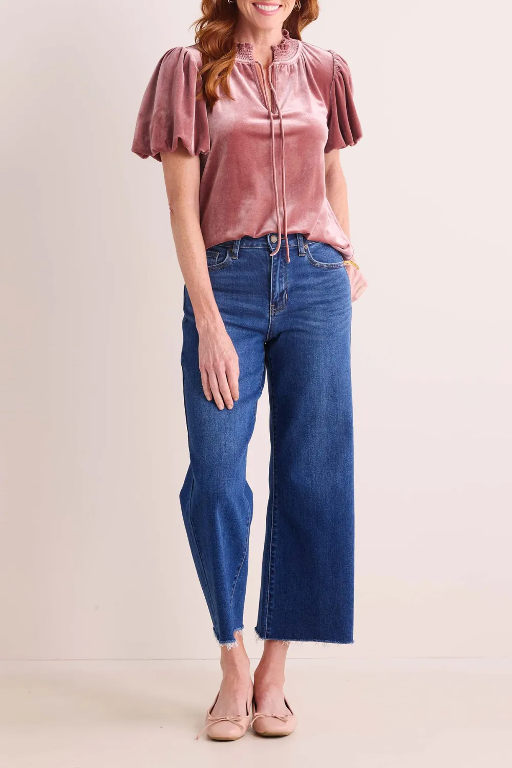 Pink Velvet Puff Sleeve Ruffled Neck Tie-Front Top