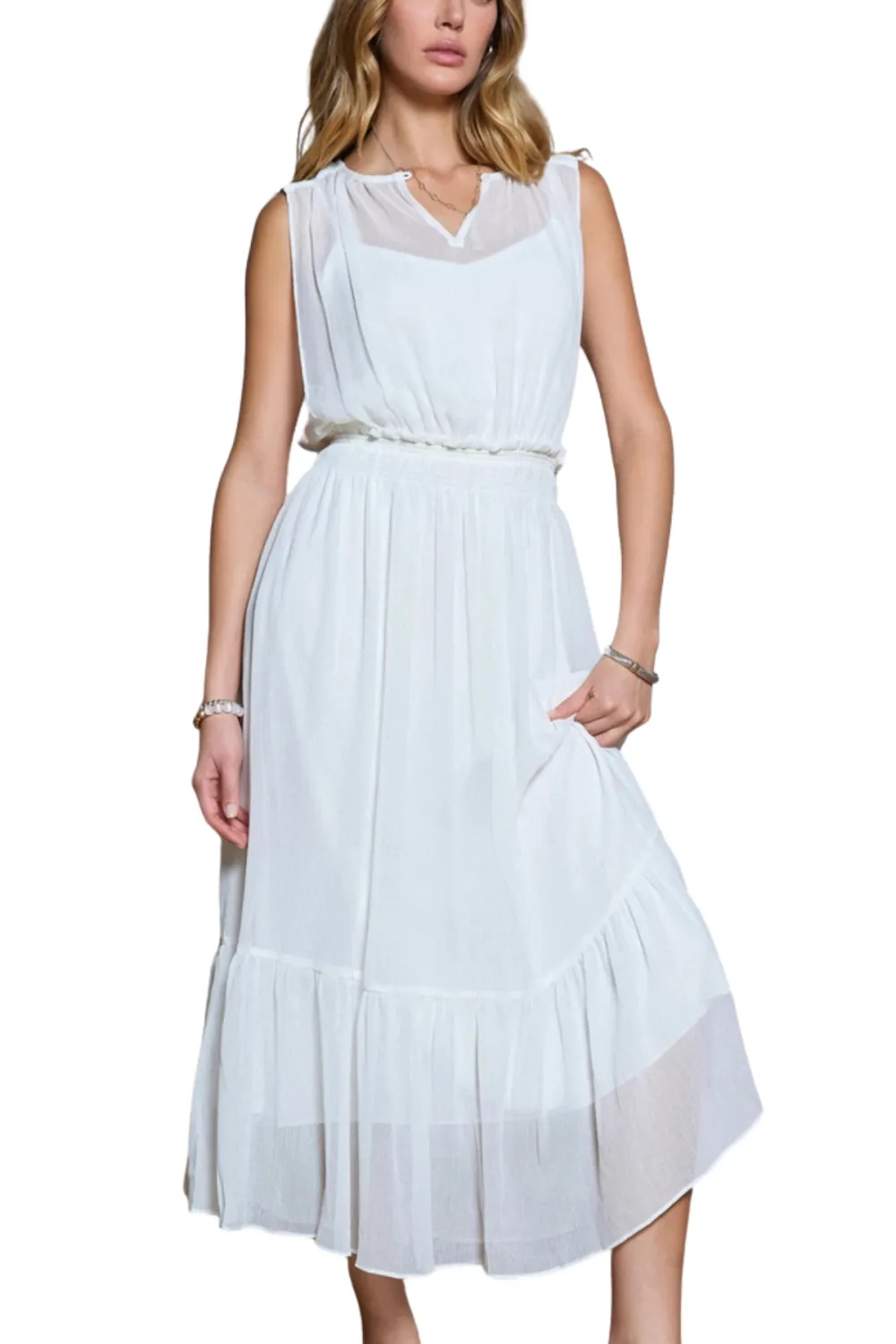 Sleeveless Sheer Gathered Gathered Midi Dress