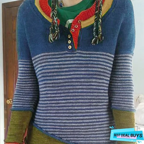 Striped Buttoned Color-Block Knitted Sweater