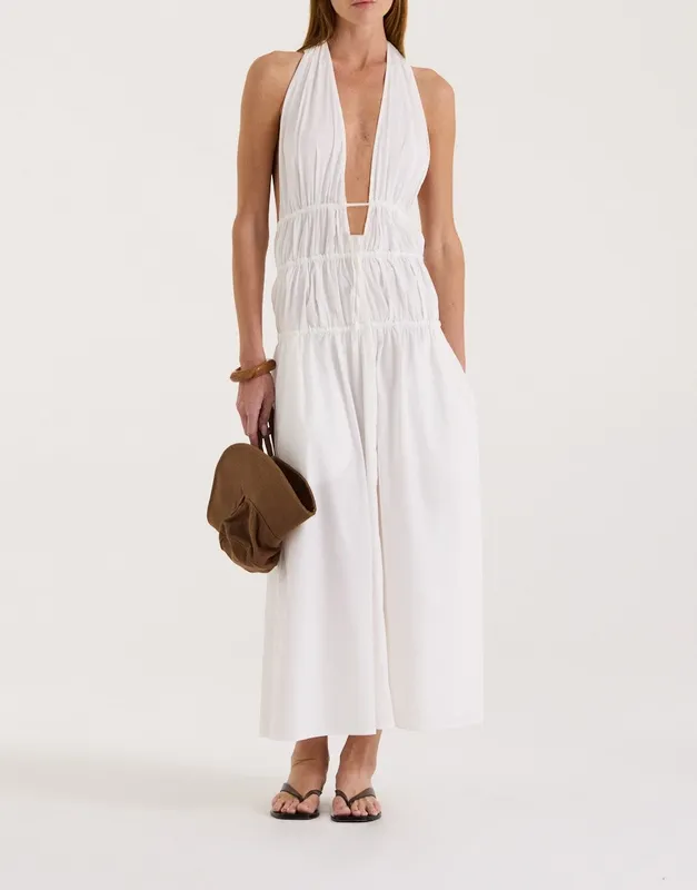 White Shirred Halter Open-Back Dress